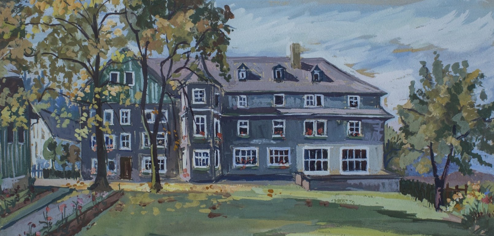 Painting by the artist Lieselotte Pacher from 1943, depicting the Hotel Jagdhaus Wiese in the Sauerland region