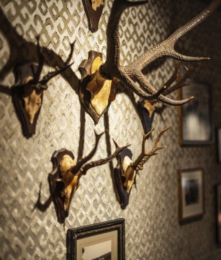 Hunting trophies adorn the walls of the Jagdstube restaurant in the Hotel Jagdhaus Wiese in Schmallenberg
