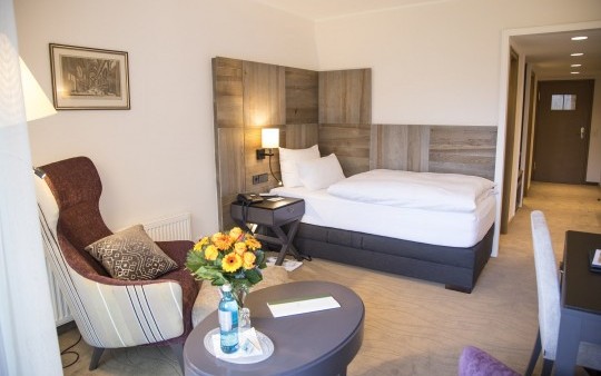 Combined living room and bedroom in the Comfort single room at the Hotel Jagdhaus Wiese in the Sauerland